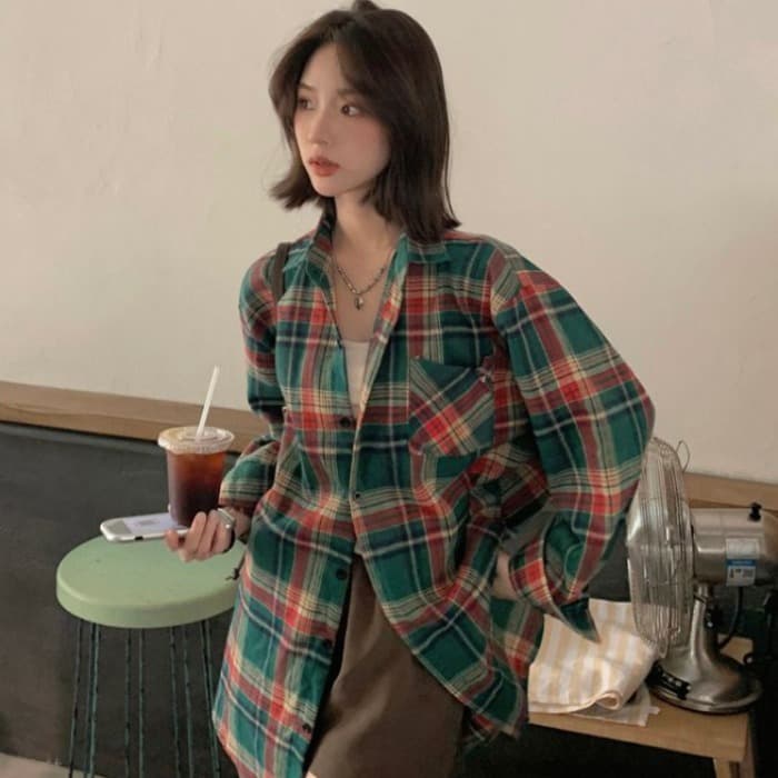 패션 여성 레트로 격자 무늬 셔츠 봄 가을 새로운 홍콩 느낌 맨위 긴팔 고급 센스 일본식 느긋한 바람 여성 셔츠