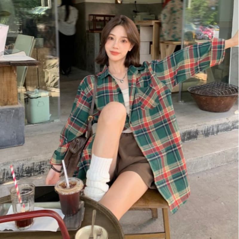 패션 여성 레트로 격자 무늬 셔츠 봄 가을 새로운 홍콩 느낌 맨위 긴팔 고급 센스 일본식 느긋한 바람 여성 셔츠 이미지 5