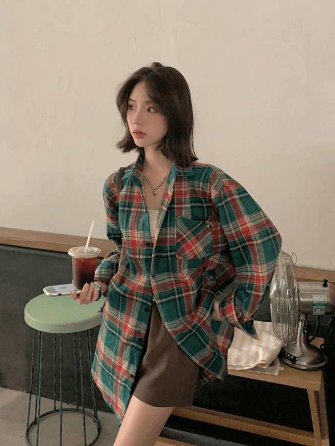 패션 여성 레트로 격자 무늬 셔츠 봄 가을 새로운 홍콩 느낌 맨위 긴팔 고급 센스 일본식 느긋한 바람 여성 셔츠 상세 이미지 3