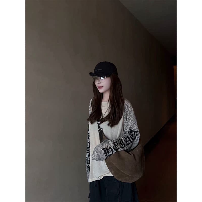 아메리칸 눈꽃 면 레오파드 무늬 삽입 어깨 소매 얇은 스타일 긴팔 티셔츠 여성 여름 새로운 작은 대중 느긋한 캐주얼 바람 티셔츠 맨위 이미지 2