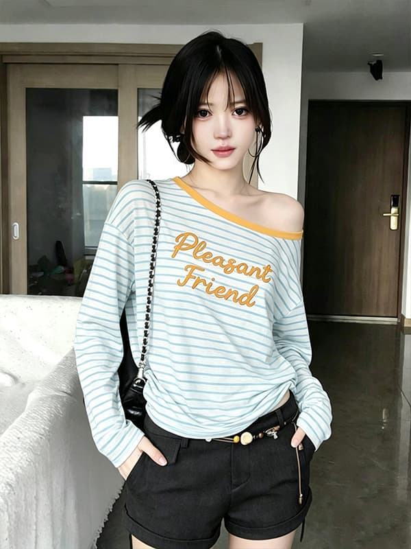 한 바람 느슨함 캐주얼 바람 블루 화이트 스트라이프 알파벳 긴팔 티셔츠 여성 26 여름 새로운 라운드 넥 루즈핏 다용도 맨위 상세 이미지 3