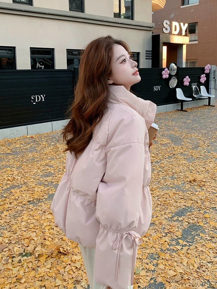 작은 키 버블 푸 허리 수축 아래 면화 의류 여성 겨울 쇼트 스타일 2026 새로운 한 부서 학원 스탠드 칼라 빵 외투 이미지 3