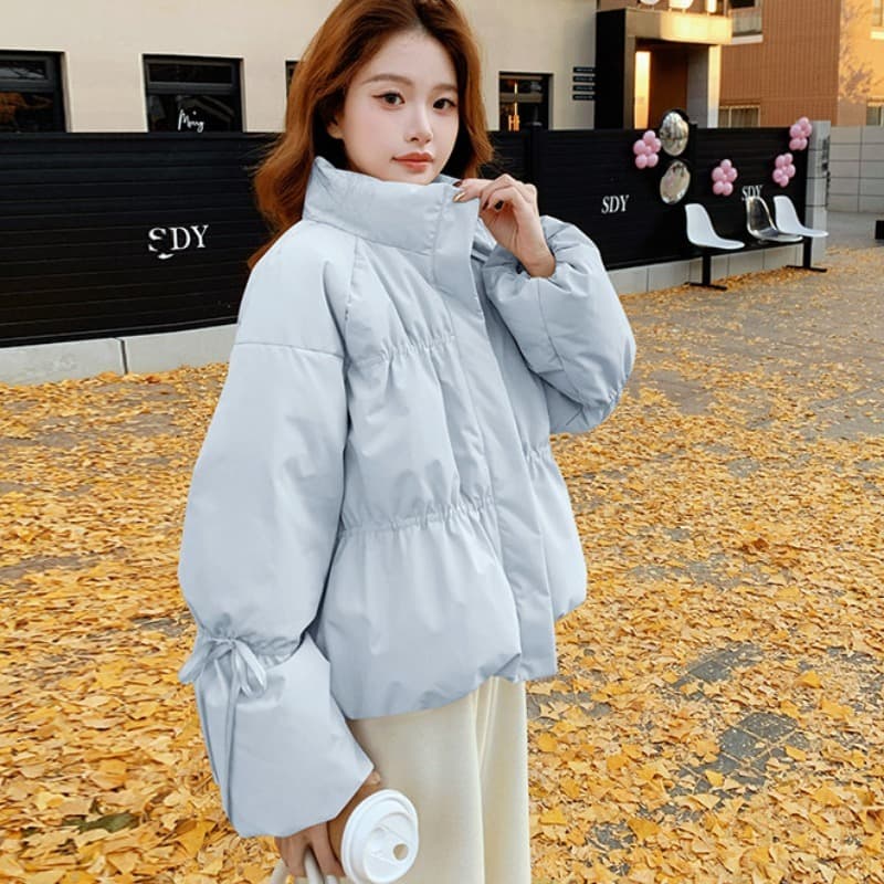 작은 키 버블 푸 허리 수축 아래 면화 의류 여성 겨울 쇼트 스타일 2026 새로운 한 부서 학원 스탠드 칼라 빵 외투 이미지 5