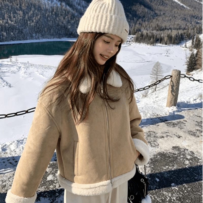 550 그램 사슴 캐시미어 복합 양 타조 울 폴로 칼라 여성 코트 겨울 두꺼운 피모 하나 보온 재킷 여성 이미지 2