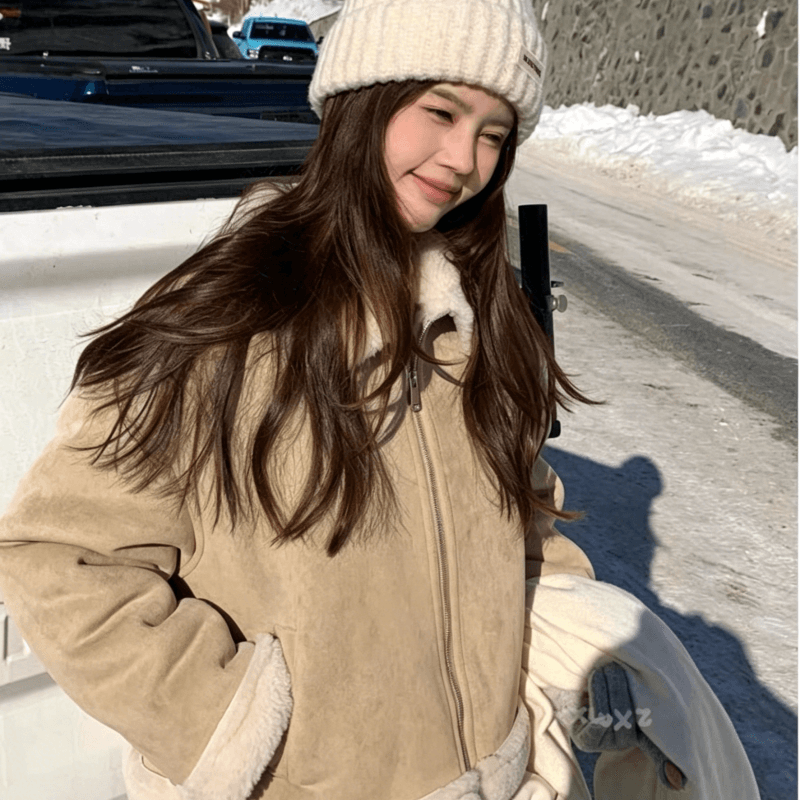 550 그램 사슴 캐시미어 복합 양 타조 울 폴로 칼라 여성 코트 겨울 두꺼운 피모 하나 보온 재킷 여성 상세 이미지 10