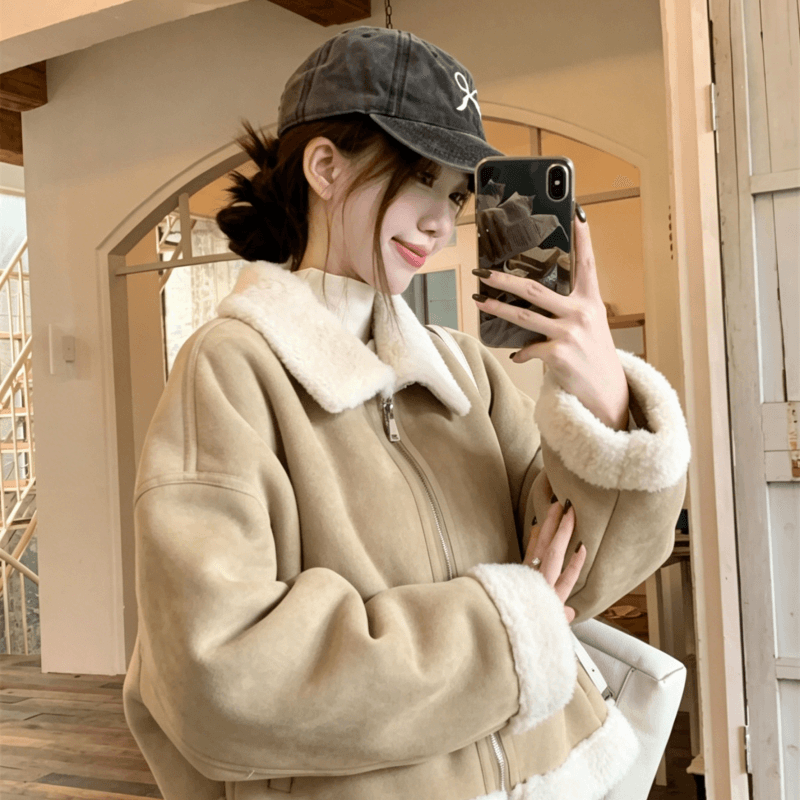사슴 캐시미어 복합 양 타조 울 폴로 칼라 여성 코트 한국 스타일 겨울 두꺼운 피모 하나 보온 재킷 여성 재킷 이미지 2