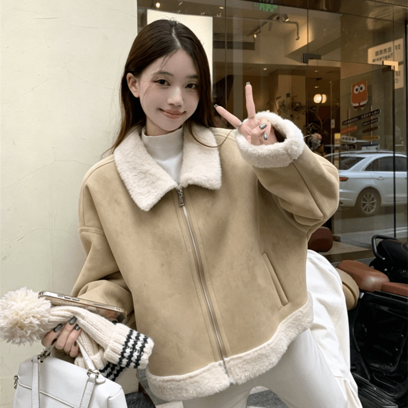 사슴 캐시미어 복합 양 타조 울 폴로 칼라 여성 코트 한국 스타일 겨울 두꺼운 피모 하나 보온 재킷 여성 재킷 이미지 4