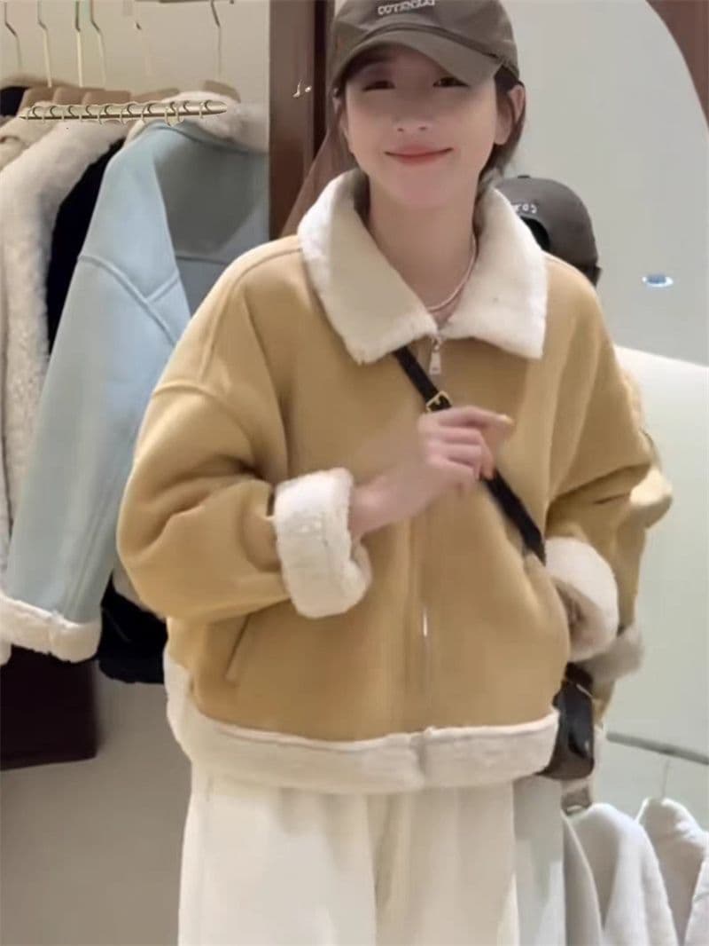 사슴 캐시미어 복합 양 타조 울 폴로 칼라 여성 코트 한국 스타일 겨울 두꺼운 피모 하나 보온 재킷 여성 재킷 이미지 4
