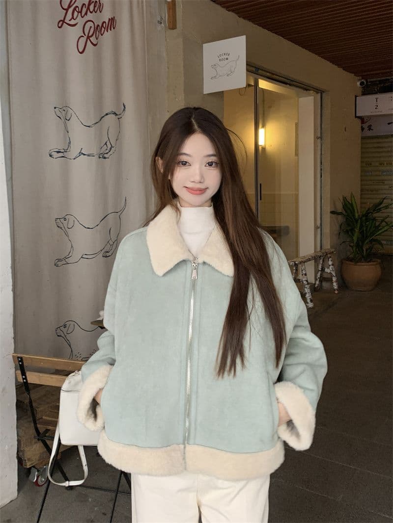 사슴 캐시미어 복합 양 타조 울 폴로 칼라 여성 코트 한국 스타일 겨울 두꺼운 피모 하나 보온 재킷 여성 재킷