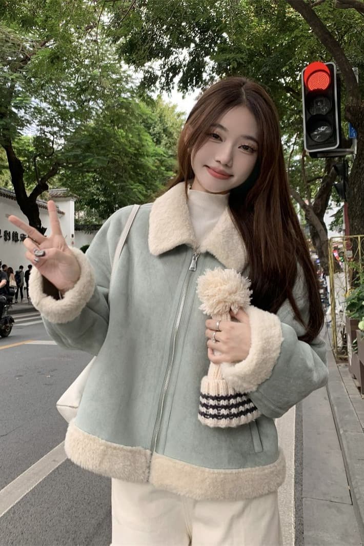 사슴 캐시미어 복합 양 타조 울 폴로 칼라 여성 코트 한국 스타일 겨울 두꺼운 피모 하나 보온 재킷 여성 재킷 이미지 6