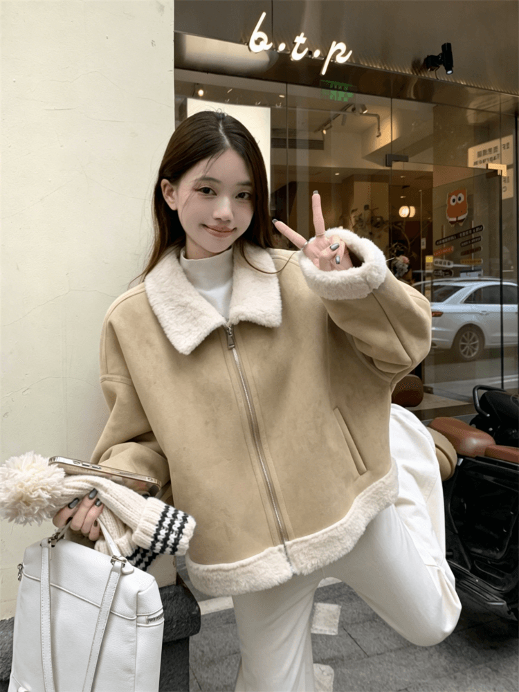 사슴 캐시미어 복합 양 타조 울 폴로 칼라 여성 코트 한국 스타일 겨울 두꺼운 피모 하나 보온 재킷 여성 재킷 상세 이미지 3