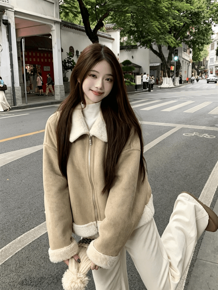 사슴 캐시미어 복합 양 타조 울 폴로 칼라 여성 코트 한국 스타일 겨울 두꺼운 피모 하나 보온 재킷 여성 재킷 상세 이미지 4