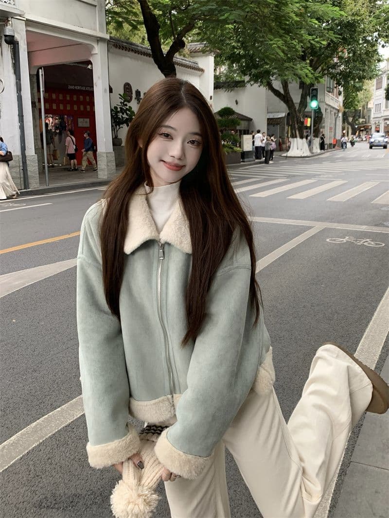사슴 캐시미어 복합 양 타조 울 폴로 칼라 여성 코트 한국 스타일 겨울 두꺼운 피모 하나 보온 재킷 여성 재킷 상세 이미지 5