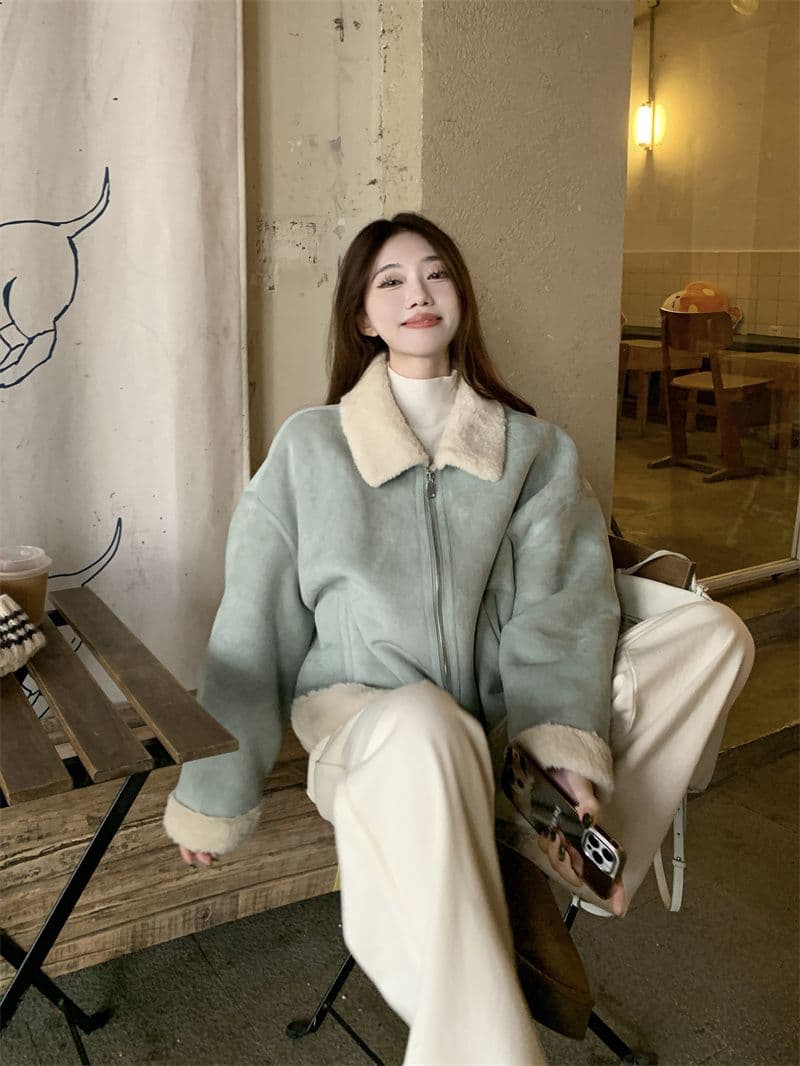 사슴 캐시미어 복합 양 타조 울 폴로 칼라 여성 코트 한국 스타일 겨울 두꺼운 피모 하나 보온 재킷 여성 재킷 상세 이미지 6