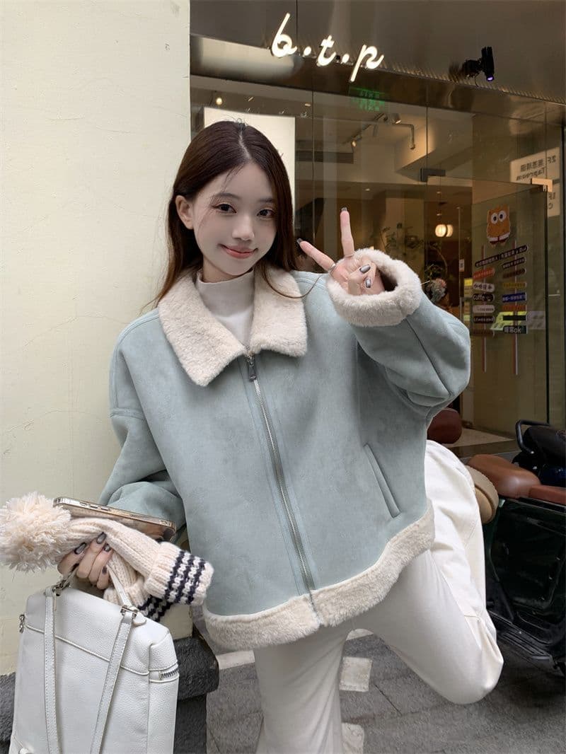 사슴 캐시미어 복합 양 타조 울 폴로 칼라 여성 코트 한국 스타일 겨울 두꺼운 피모 하나 보온 재킷 여성 재킷 상세 이미지 8