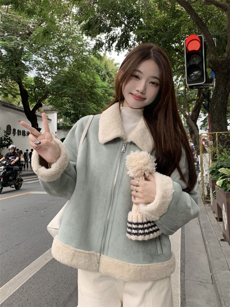 사슴 캐시미어 복합 양 타조 울 폴로 칼라 여성 코트 한국 스타일 겨울 두꺼운 피모 하나 보온 재킷 여성 재킷 상세 이미지 9