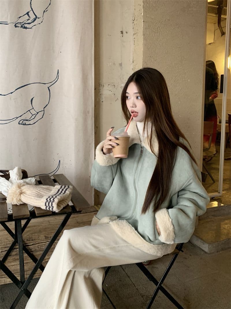 사슴 캐시미어 복합 양 타조 울 폴로 칼라 여성 코트 한국 스타일 겨울 두꺼운 피모 하나 보온 재킷 여성 재킷 상세 이미지 10