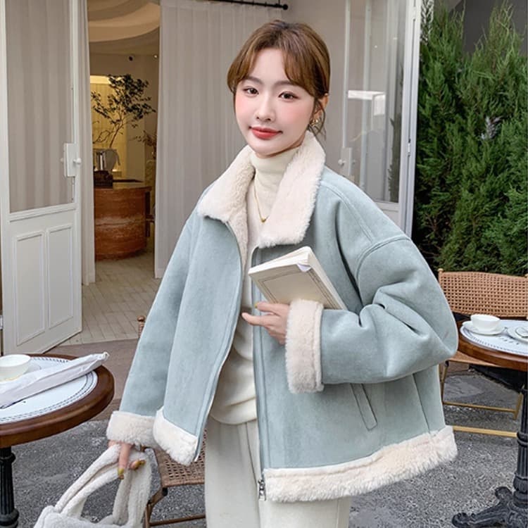 스웨이드 원단 피모 하나 양털 짧은 여성 코트 작은 키 고급 센스 플리스 폴로 칼라 두꺼운 보온 맨위 이미지 2