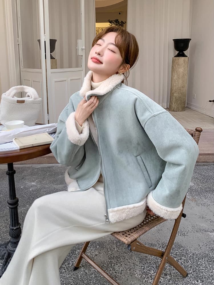 스웨이드 원단 피모 하나 양털 짧은 여성 코트 작은 키 고급 센스 플리스 폴로 칼라 두꺼운 보온 맨위 이미지 4