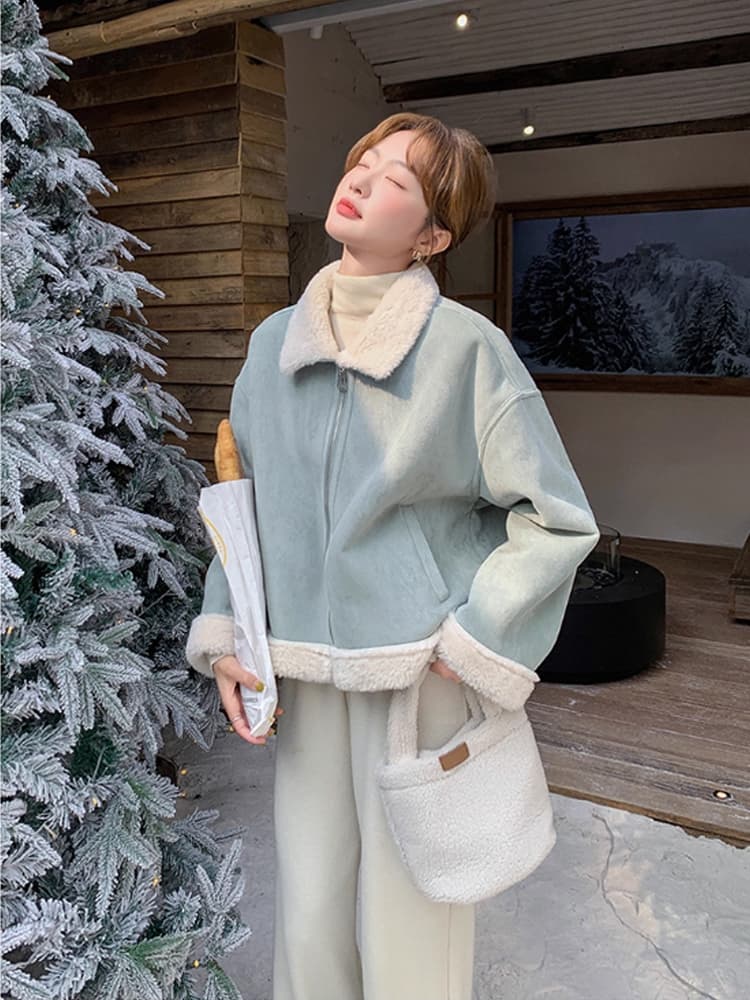 스웨이드 원단 피모 하나 양털 짧은 여성 코트 작은 키 고급 센스 플리스 폴로 칼라 두꺼운 보온 맨위 이미지 5