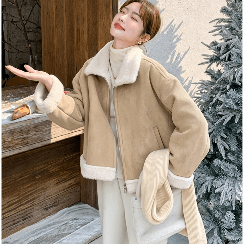 스웨이드 원단 피모 하나 양털 짧은 여성 코트 작은 키 고급 센스 플리스 폴로 칼라 두꺼운 보온 맨위 이미지 3