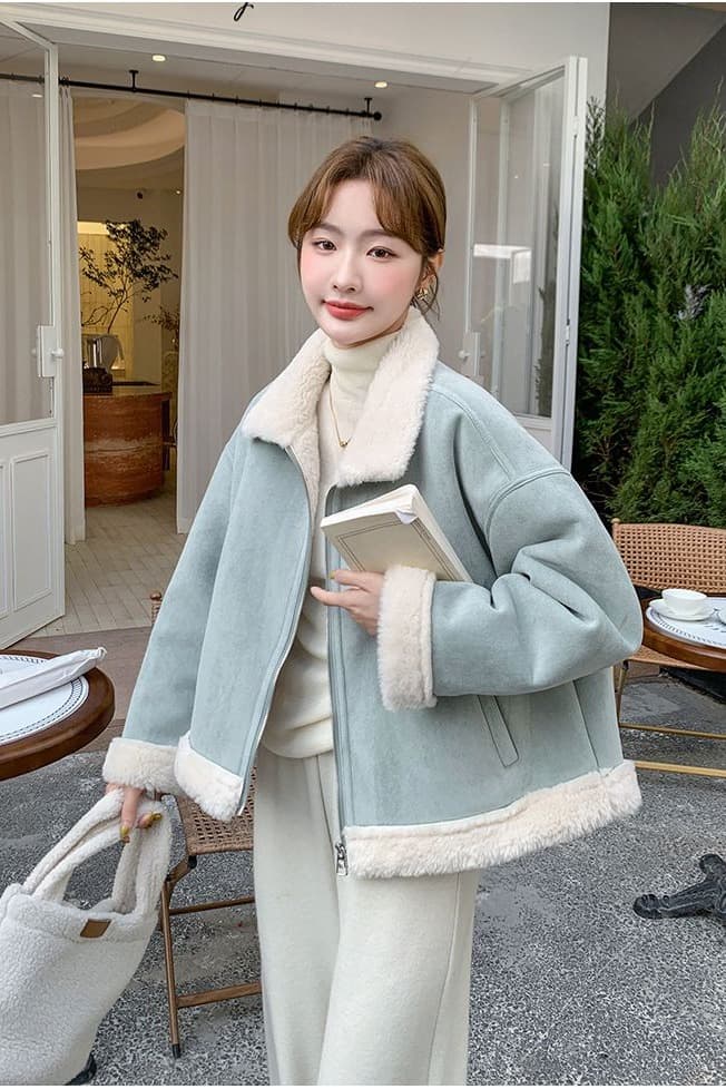 스웨이드 원단 피모 하나 양털 짧은 여성 코트 작은 키 고급 센스 플리스 폴로 칼라 두꺼운 보온 맨위 이미지 7