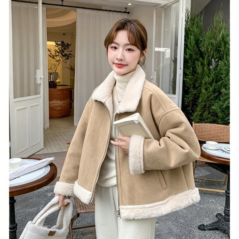 스웨이드 원단 피모 하나 양털 짧은 여성 코트 작은 키 고급 센스 플리스 폴로 칼라 두꺼운 보온 맨위 이미지 6