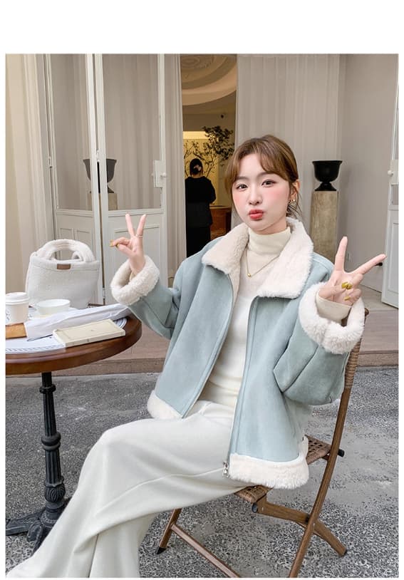 스웨이드 원단 피모 하나 양털 짧은 여성 코트 작은 키 고급 센스 플리스 폴로 칼라 두꺼운 보온 맨위 상세 이미지 11