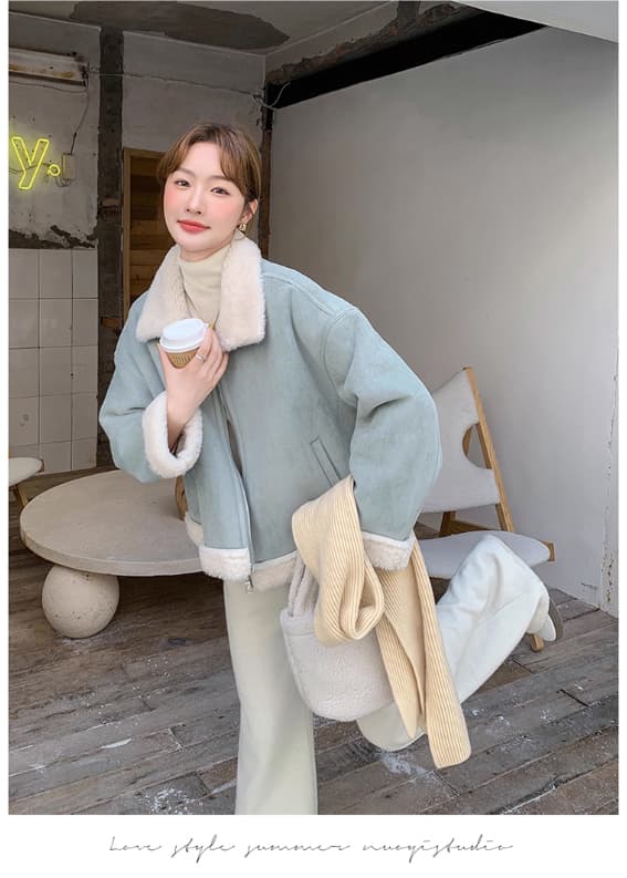 스웨이드 원단 피모 하나 양털 짧은 여성 코트 작은 키 고급 센스 플리스 폴로 칼라 두꺼운 보온 맨위 상세 이미지 18