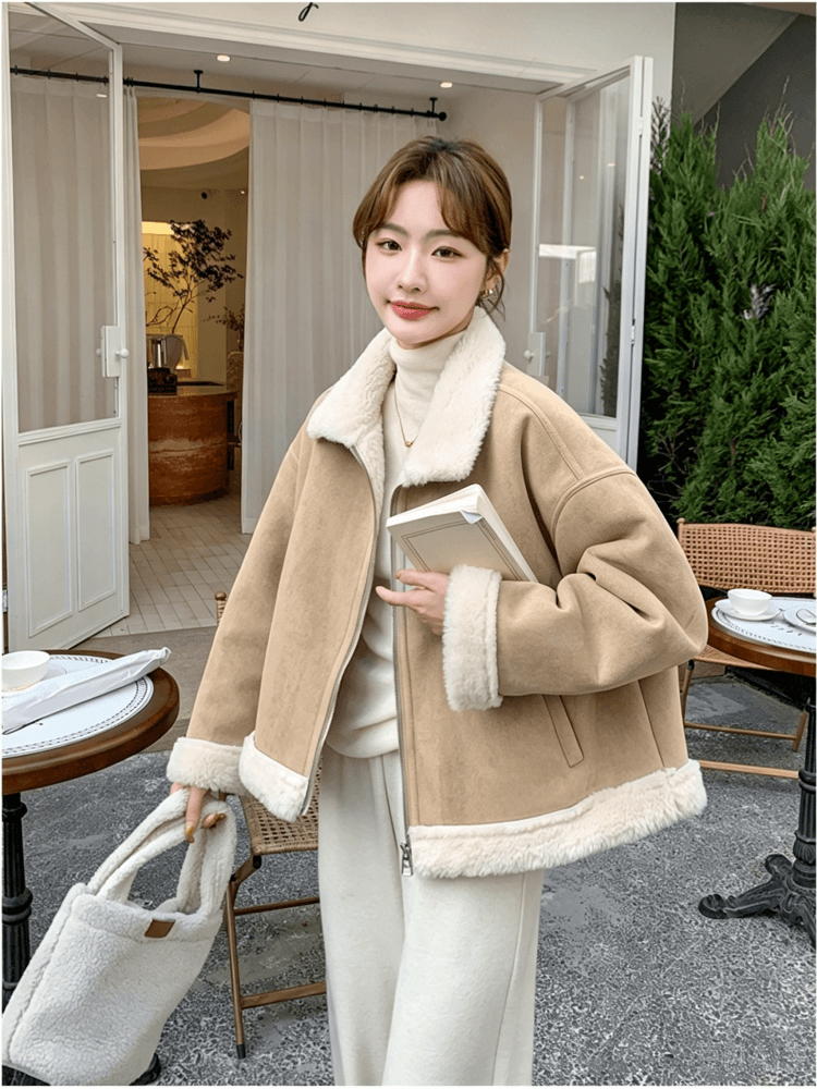 스웨이드 원단 피모 하나 양털 짧은 여성 코트 작은 키 고급 센스 플리스 폴로 칼라 두꺼운 보온 맨위 상세 이미지 24