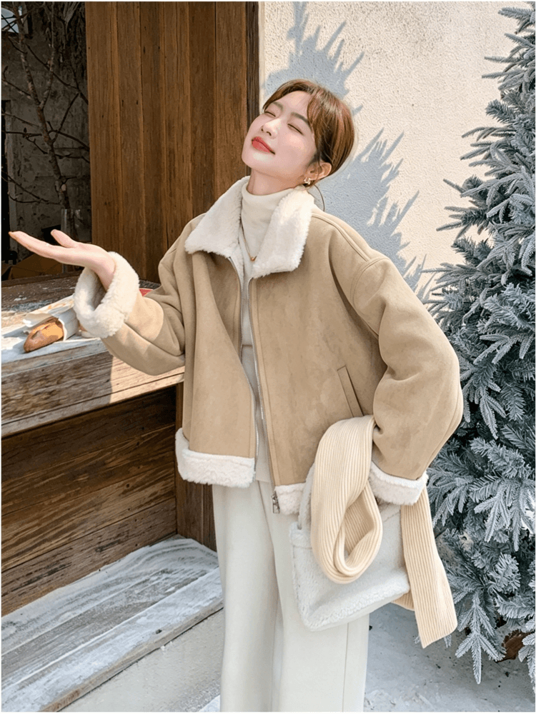 스웨이드 원단 피모 하나 양털 짧은 여성 코트 작은 키 고급 센스 플리스 폴로 칼라 두꺼운 보온 맨위 상세 이미지 25