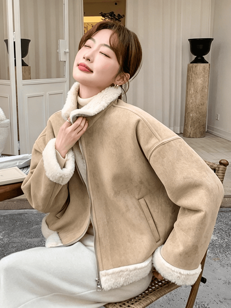 스웨이드 원단 피모 하나 양털 짧은 여성 코트 작은 키 고급 센스 플리스 폴로 칼라 두꺼운 보온 맨위 상세 이미지 26
