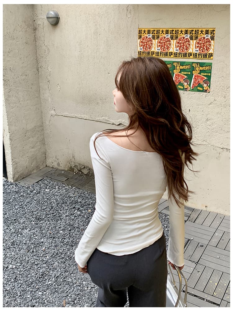 실사 순면 핫걸 프린트 긴팔 티셔츠 꼬집기 허리 작은 대중 맨위 인사이드 가져 가라. 기본 셔츠 여성 봄 가을 새로운 티셔츠 상세 이미지 3