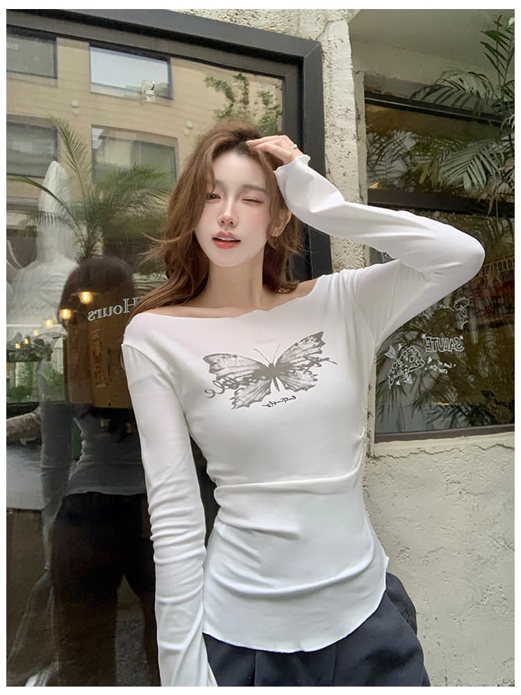 실사 순면 핫걸 프린트 긴팔 티셔츠 꼬집기 허리 작은 대중 맨위 인사이드 가져 가라. 기본 셔츠 여성 봄 가을 새로운 티셔츠 상세 이미지 14