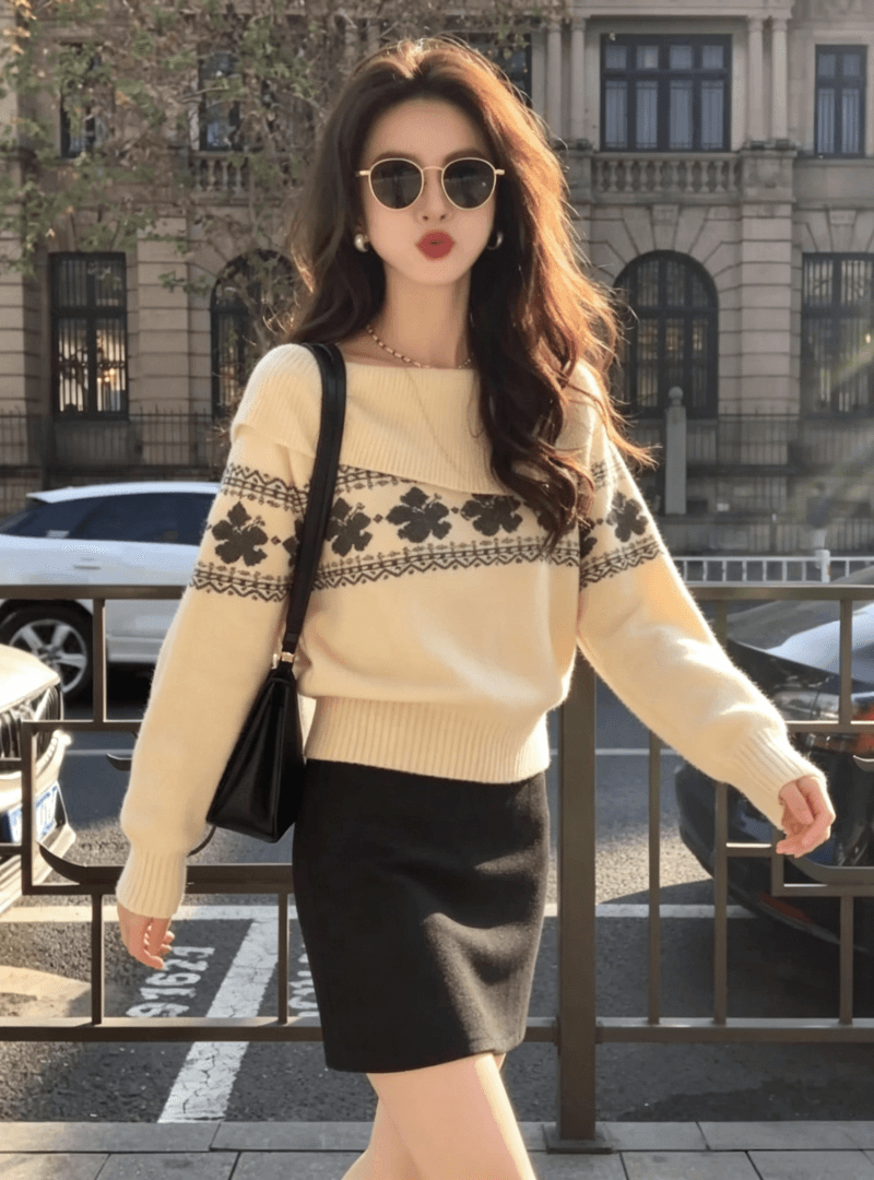 프랑스식 레트로 공정한 섬 자카드 부드러운 찹쌀 스웨터 여자 가을 겨울철 새로운 느긋한 고급 센스 쇼트 스타일 니트 스웨터 트렌디 상세 이미지 11