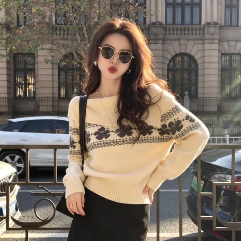 프랑스식 레트로 공정한 섬 자카드 부드러운 찹쌀 스웨터 여자 가을 겨울철 새로운 느긋한 고급 센스 쇼트 스타일 니트 스웨터 트렌디 이미지 5
