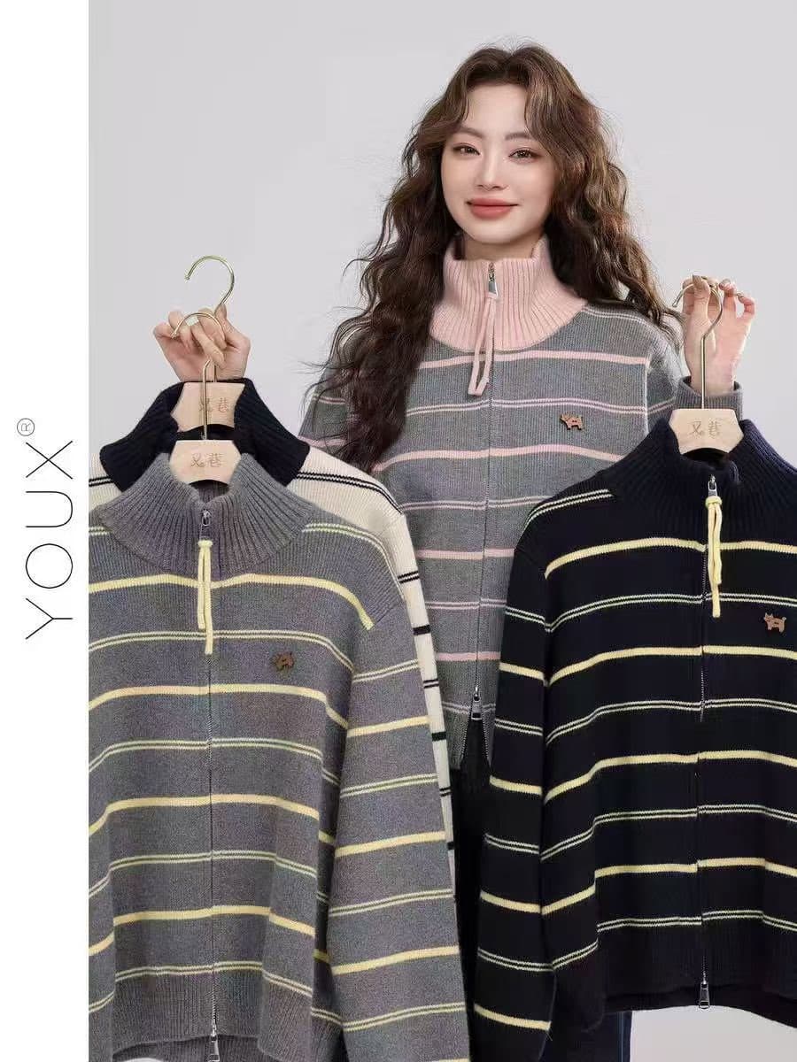 다시 레인 회색 황색 제직 라임 가을 겨울 새로운 터틀넥 스트라이프 스웨터 여성 코트 루즈핏 캐주얼 출퇴근 착용 가져 가라. 니트 스웨터 상세 이미지 2