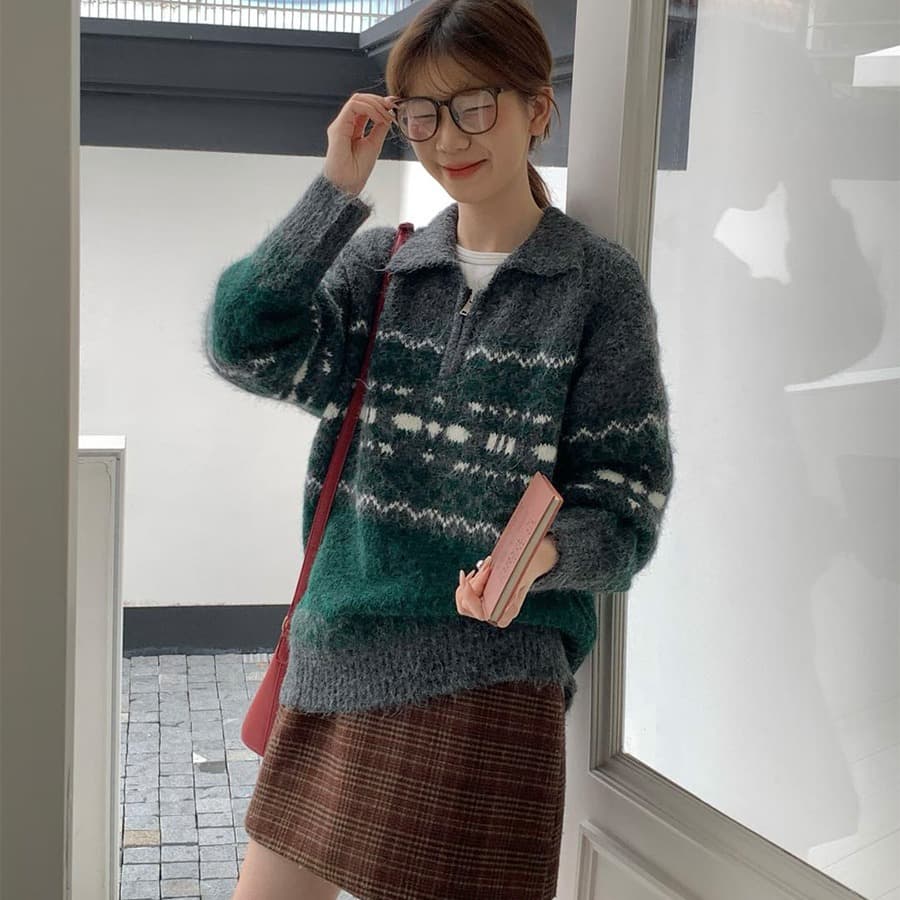 스와 3 3 공정한 섬 터틀넥 스웨터 여자 느긋한 고급 센스 하프 지퍼 디자인 센스 작은 대중 양모 니트 맨위 이미지 2
