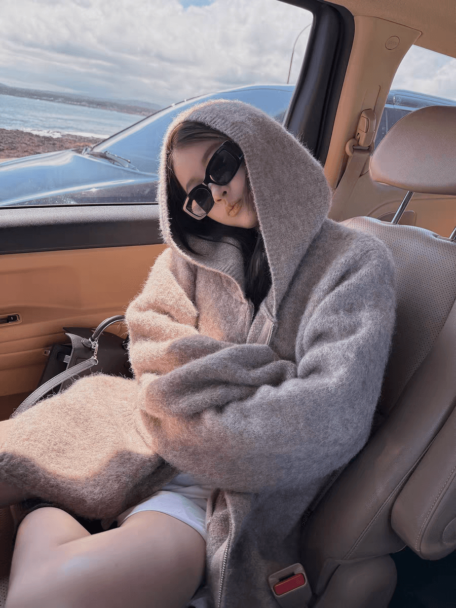 가을 겨울 루즈핏 새로운 오트밀 달콤한 차 플러시 플러시 따뜻한 센스 느긋한 부담하지 마세요. 센스 지퍼 후드 스웨터 카디건 코트 상세 이미지 1