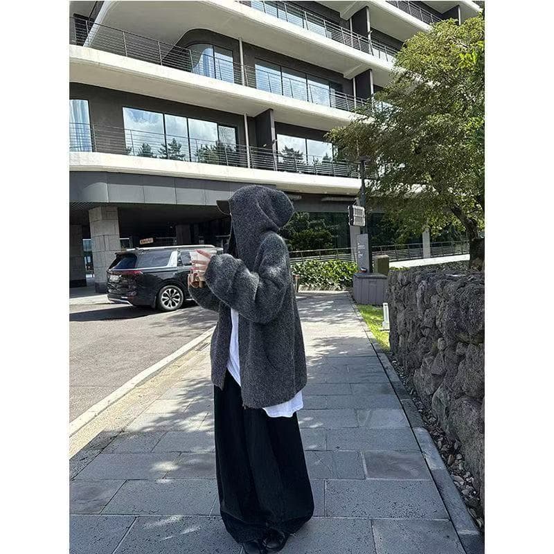 가을 겨울 루즈핏 새로운 오트밀 달콤한 차 플러시 플러시 따뜻한 센스 느긋한 부담하지 마세요. 센스 지퍼 후드 스웨터 카디건 코트 상세 이미지 11
