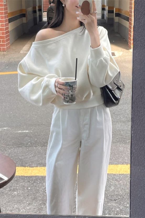 후아 면 가을 프랑스식 작은 심장 기계 비스듬한 칼라 불규칙 오프숄더 디자인 센스 루즈핏 다용도 긴팔 후드티 여성 이미지 6