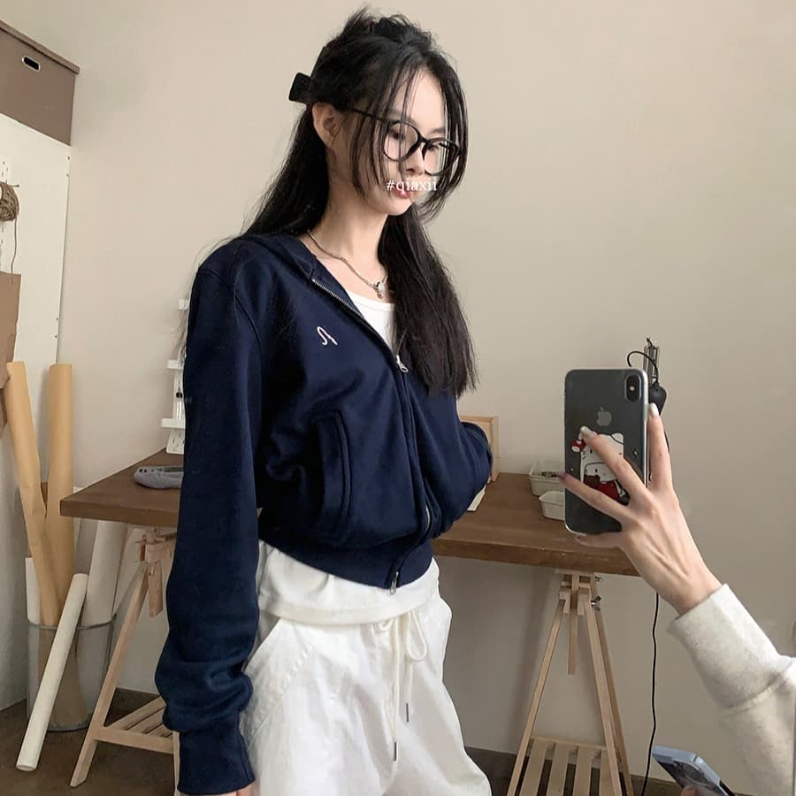 경관 그림 후아 면 가을 새로운 디자인 센스 더블 머리 지퍼 후드 쇼트 스타일 후드티 여성 아메리칸 레트로 긴팔 재킷 이미지 2