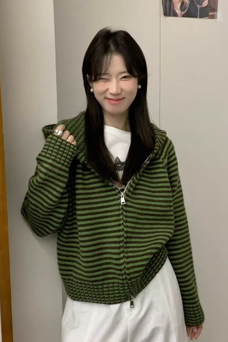 한 부서 배색 스트라이프 지퍼 후드 니트 오픈 가디건 가을 겨울철 새로운 루즈핏 느긋한 스웨터 맨위 여성 코트 이미지 6