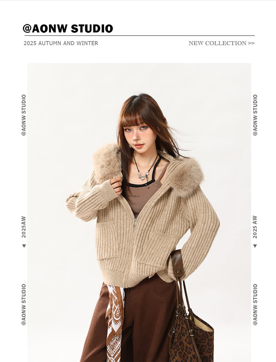 탈착식 모피 칼라 후드 오픈 가디건 스웨터 여성 코트 가을 겨울 새로운 한 부서 느긋한 바람 쇼트 스타일 니트 스웨터 맨위 상세 이미지 1