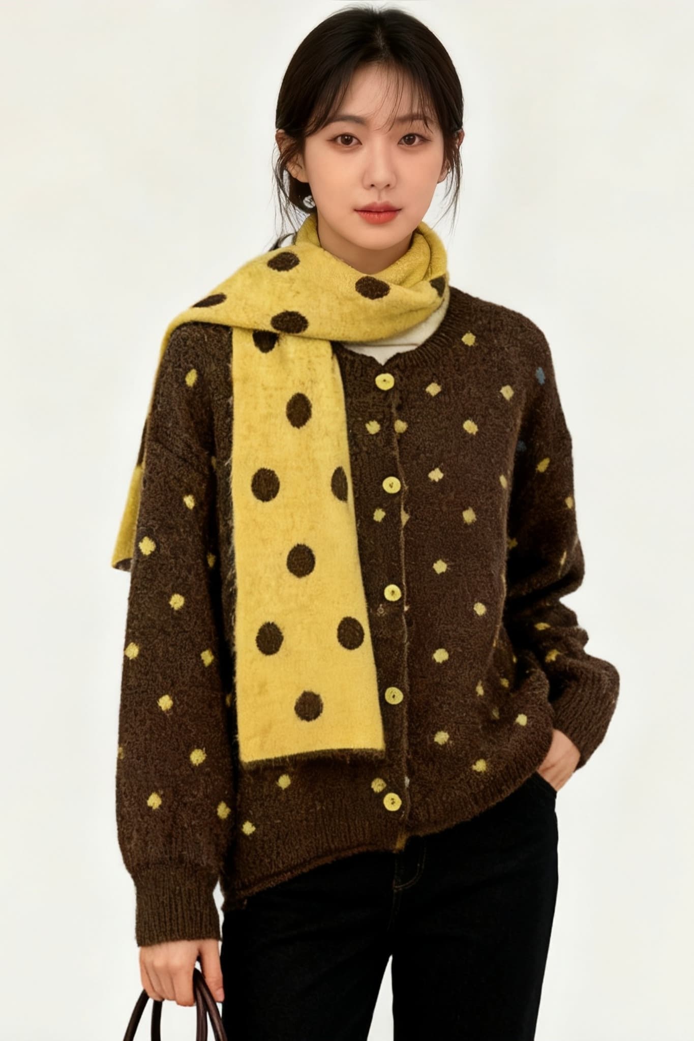 일본과 한국 부서 느긋한 바람 레트로 도트 무늬 스웨터 여성 코트 가을 겨울 백 코디 스카프 니트 오픈 가디건 투피스 슈트 이미지 7