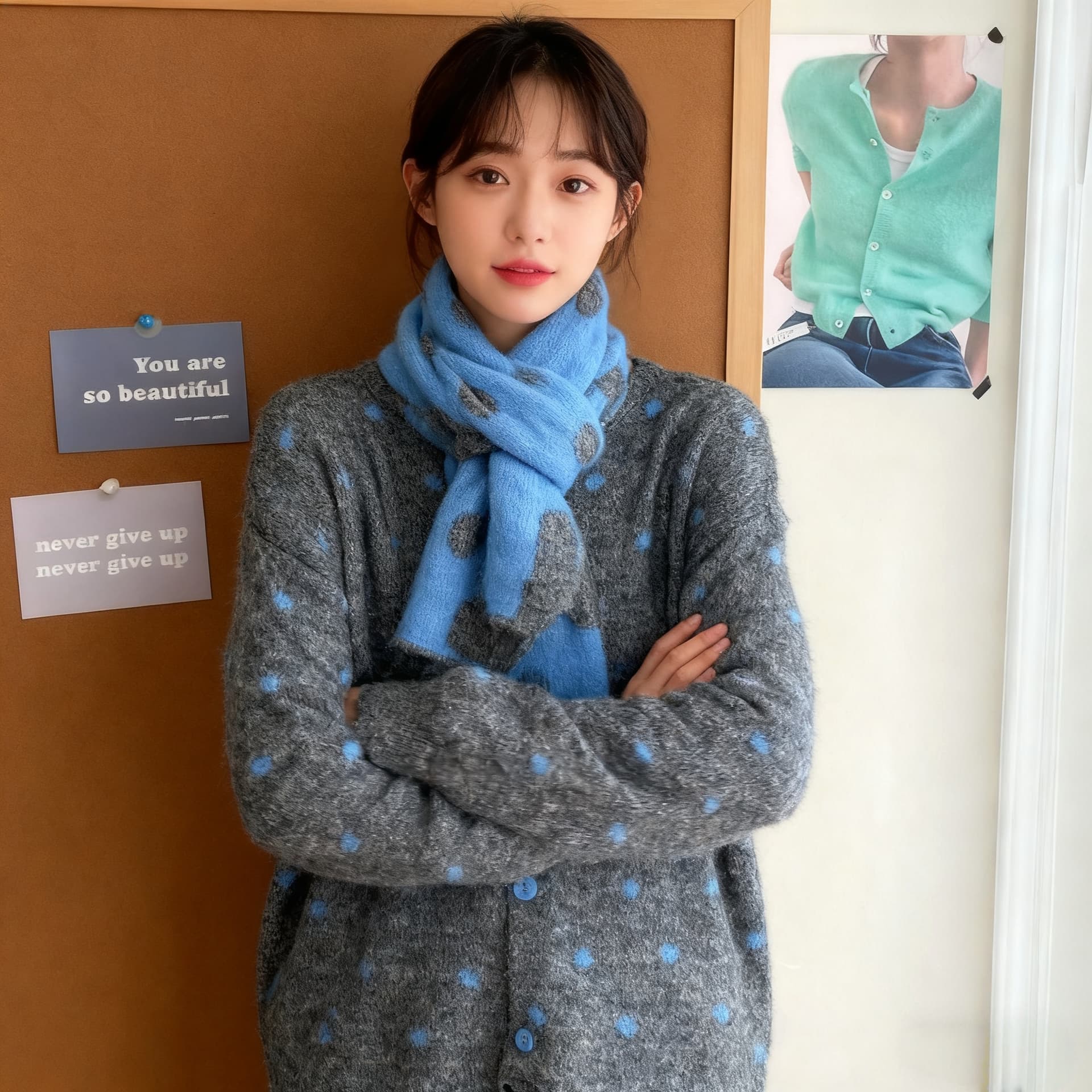 일본과 한국 부서 느긋한 바람 레트로 도트 무늬 스웨터 여성 코트 가을 겨울 백 코디 스카프 니트 오픈 가디건 투피스 슈트 이미지 4