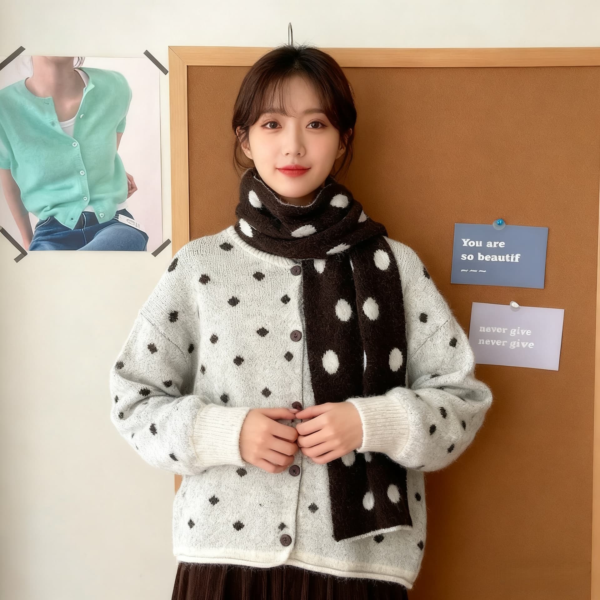 일본과 한국 부서 느긋한 바람 레트로 도트 무늬 스웨터 여성 코트 가을 겨울 백 코디 스카프 니트 오픈 가디건 투피스 슈트 상세 이미지 5