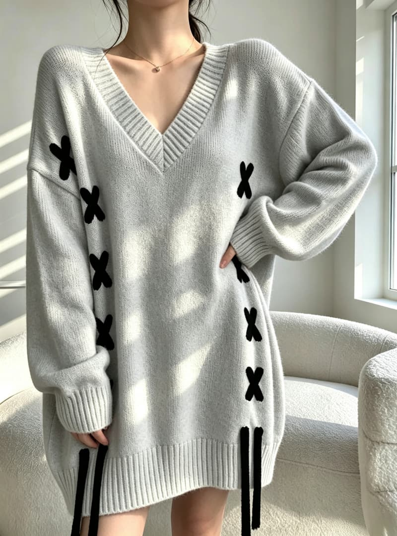 한국 2026chic 가을 겨울 새로운 니트 스웨터 여성 가을 겨울 디자인 센스 V넥 허리 수축 슬림해 보이는 중간 길이 스웨터 상세 이미지 15
