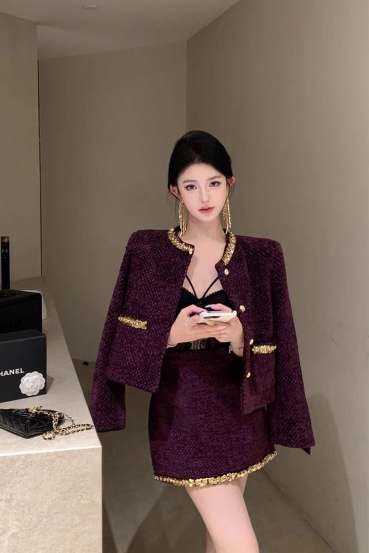 작은 샤넬 스타일 세트 2026 새로운 프랑스식 부유 한 가족 천 골드 명문 여성 검정색 스팽글 모직 정장 여성 코트 가을 겨울 이미지 6