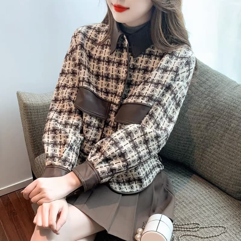 하운드투스 체크 작은 샤넬 스타일 쇼트 스타일 재킷 여성 디자인 센스 봄 가을 새로운 명문 여성 고급 센스 품격 chic 맨위